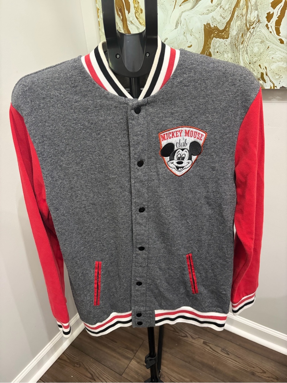 Disney Parks Mickey Mouse Club Varsity Letterman Jacket Gray Red Small S